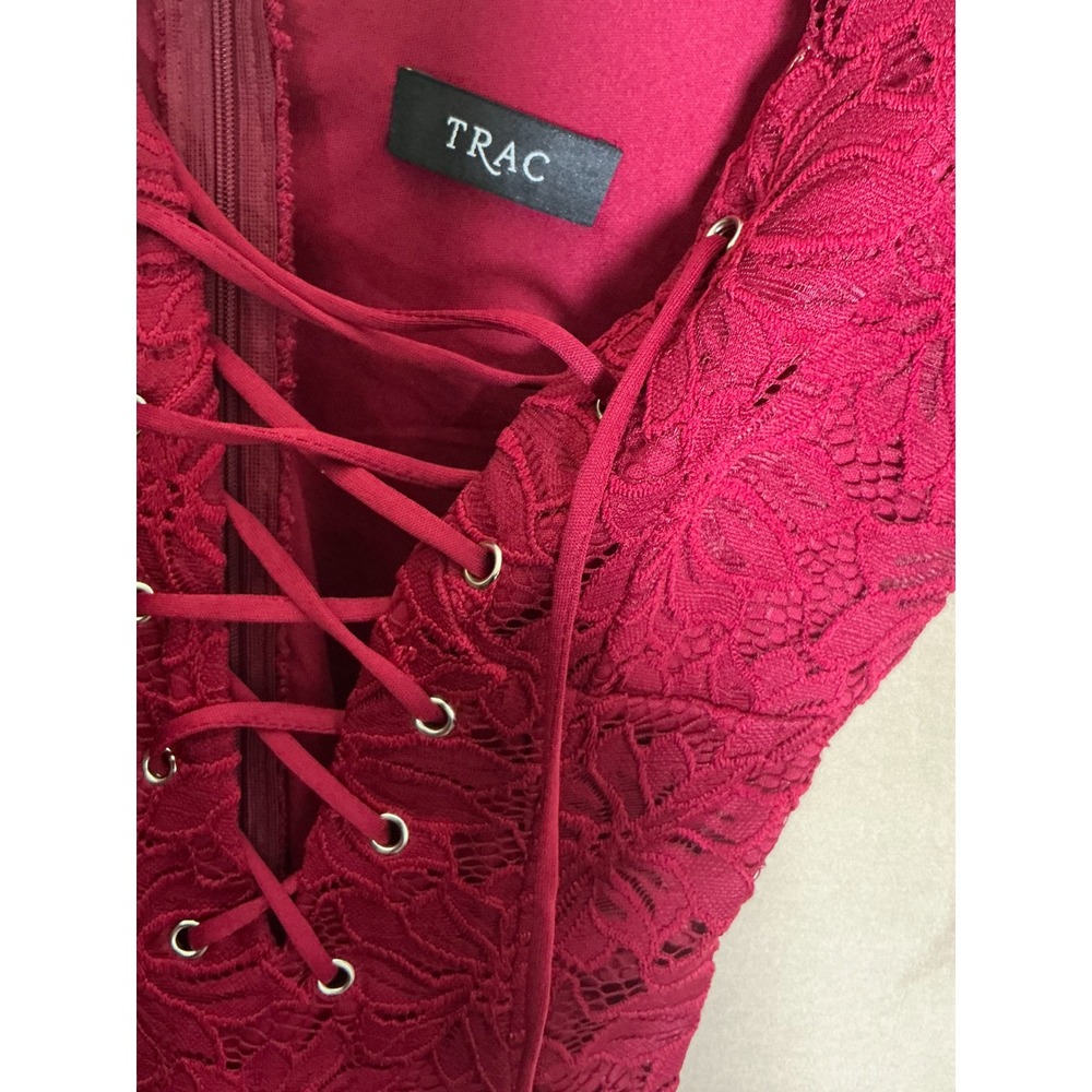 Burgundy Floral LaceBodycon Dress Womens Small Red Excellent Lace Up Mini V Neck - Picture 9 of 11